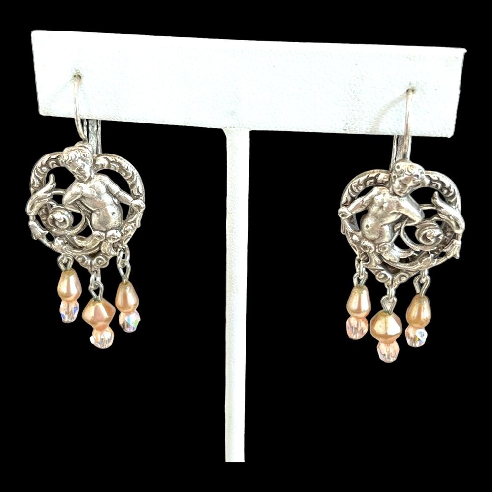 Vintage Kirks Folly Earrings Antique Silver Tone Art Nouveau Style Crystal - 4H